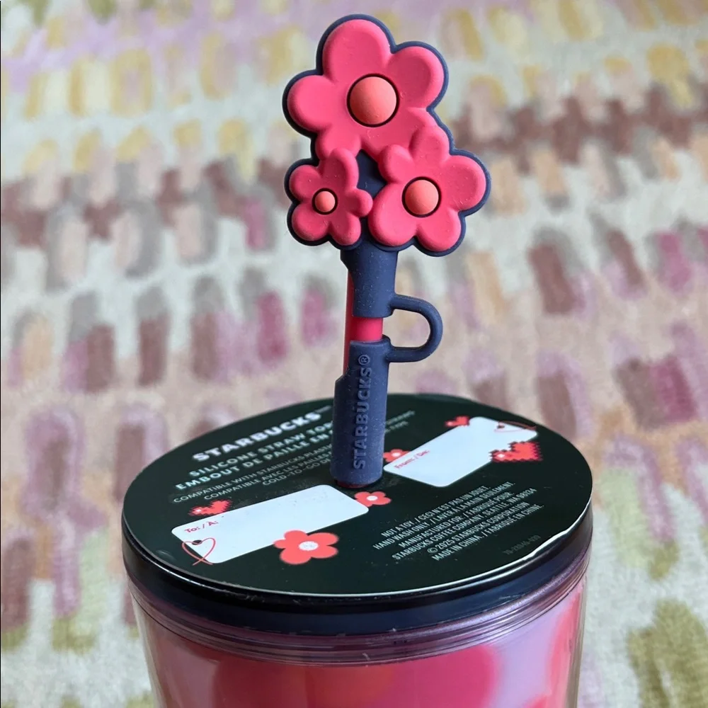 💕Valentine’s Day Starbucks NWT Flower Power Pixelated Heart Tumbler Straw Topper